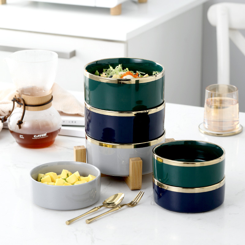 Nordic creativo borde dorado ensaladera de cerámica tazón de fideos instantáneos tazón de sopa tazón de postre de frutas tazón de cerámica del hogar traje de gran tamaño pequeño