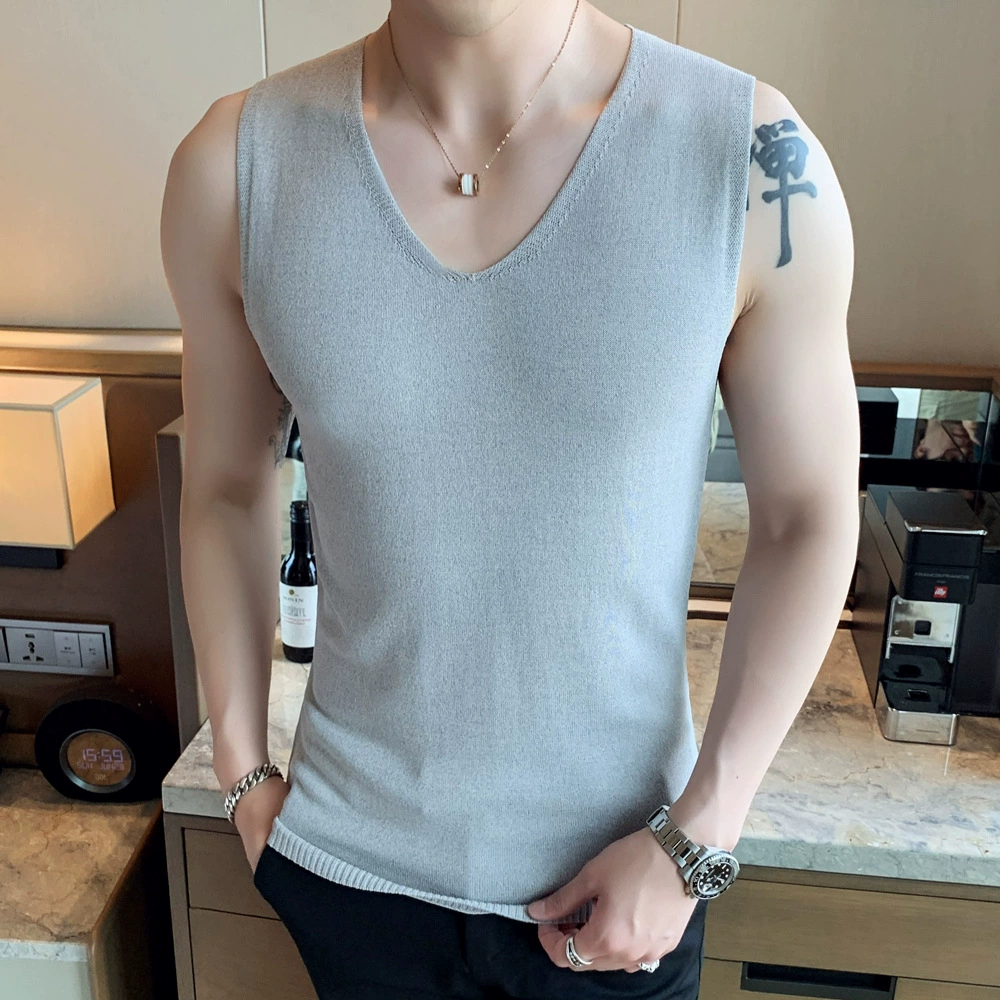 Летняя новая футболка-свитер без рукавов, Мужская шерстяная футболка с V-образным вырезом, тонкая облегающая внутренняя одежда, Базовая рубашка, Топ