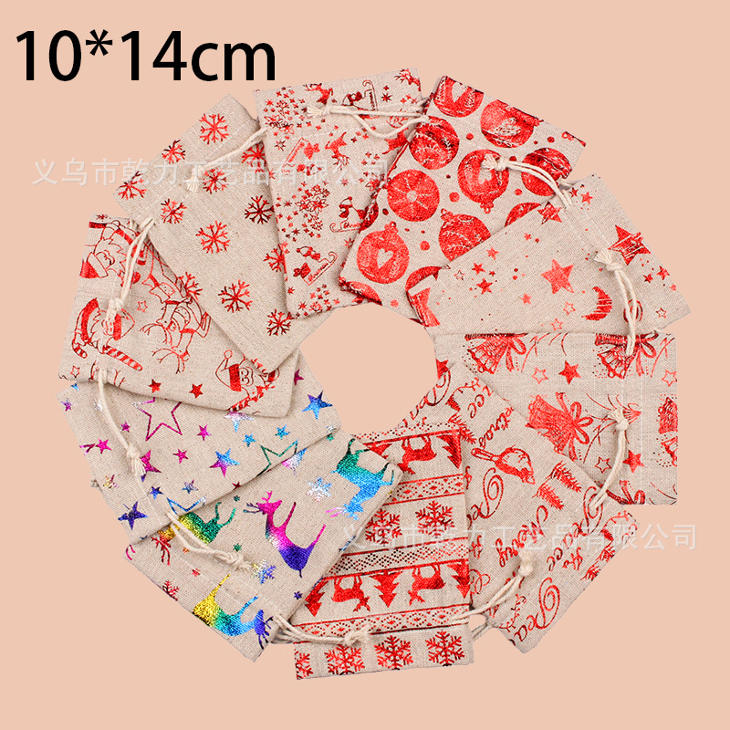 厂家现货烫金棉麻圣诞礼品袋 苹果饼干束口收纳袋 印花棉布抽绳袋