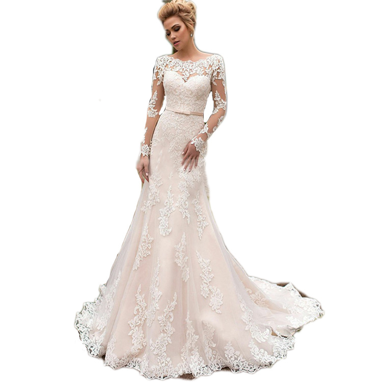 European and American wedding dress 2023 new slimming large backless round neck lace small trailing fishtail bridal beach yarn plus size