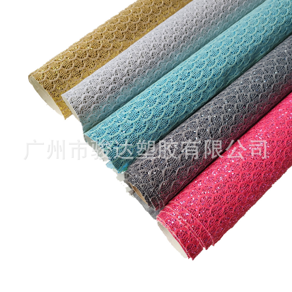 厂家直销pu格丽特婚鞋闪粉面料 大小六角贴鱼鳞纹网格利特皮革