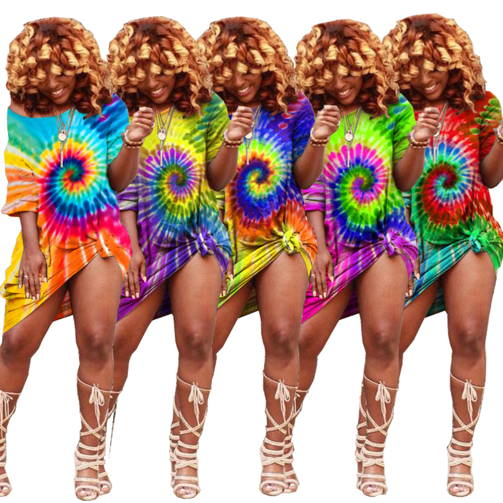 YT3163 Cross-border Women's Clothing Amazon AliExpress Tie-dye Positioning Print Off-shoulder Loose Dress