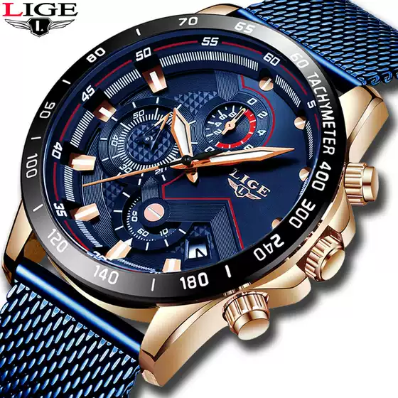 LIGE 2019 Explosive Men's Mesh Band Watch Multi-function Chronograph Waterproof Watch