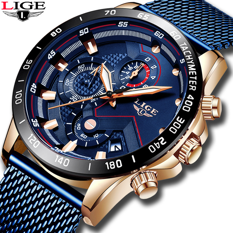 LIGE 2019 Explosive Men's Mesh Band Watch Multi-function Chronograph Waterproof Watch