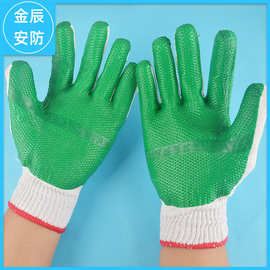 10针棉线挂胶手套乳胶贴片劳保手套 绿色小帮手胶片手套均码
