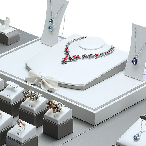 Hongtai high-end PU leather counter jewelry display props showcase display stand set 