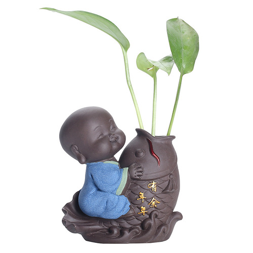 Can grow hydroponic flower arrangement boutique, cute purple clay little monk tea pet ornaments creative tea set decoration mini flower vase