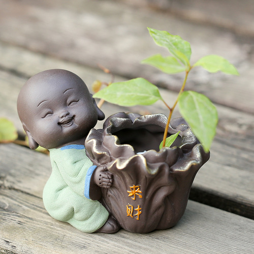 Can grow hydroponic flower arrangement boutique, cute purple clay little monk tea pet ornaments creative tea set decoration mini flower vase