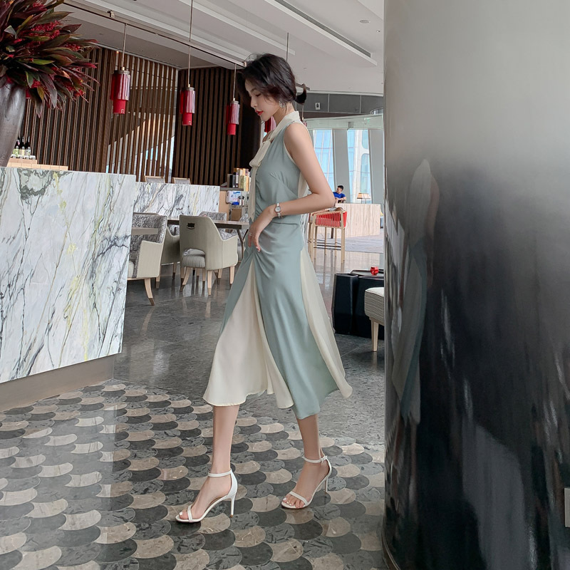 Đầm maxi nữ thắt eo cổ buộc dây xếp ly thanh lịch — Màu xanh lam