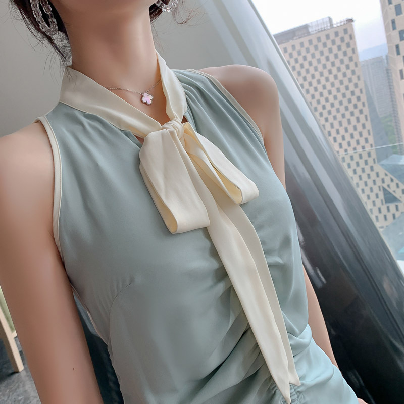 Đầm maxi nữ thắt eo cổ buộc dây xếp ly thanh lịch — Màu xanh lam