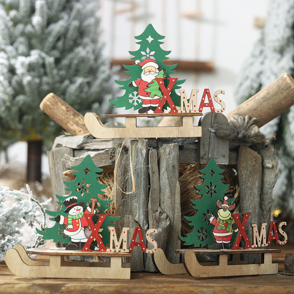 Christmas hot new Christmas decoration wooden DIY sleigh ornaments creative cartoon tree combination ornaments_voghion.com