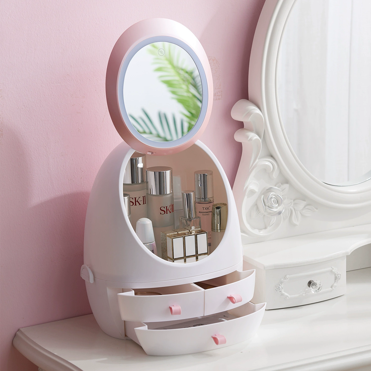 Handheld Makeup Storage Box with LED Mirror, ABS Plastic, 31×22×34 cm, Drawer Organizer