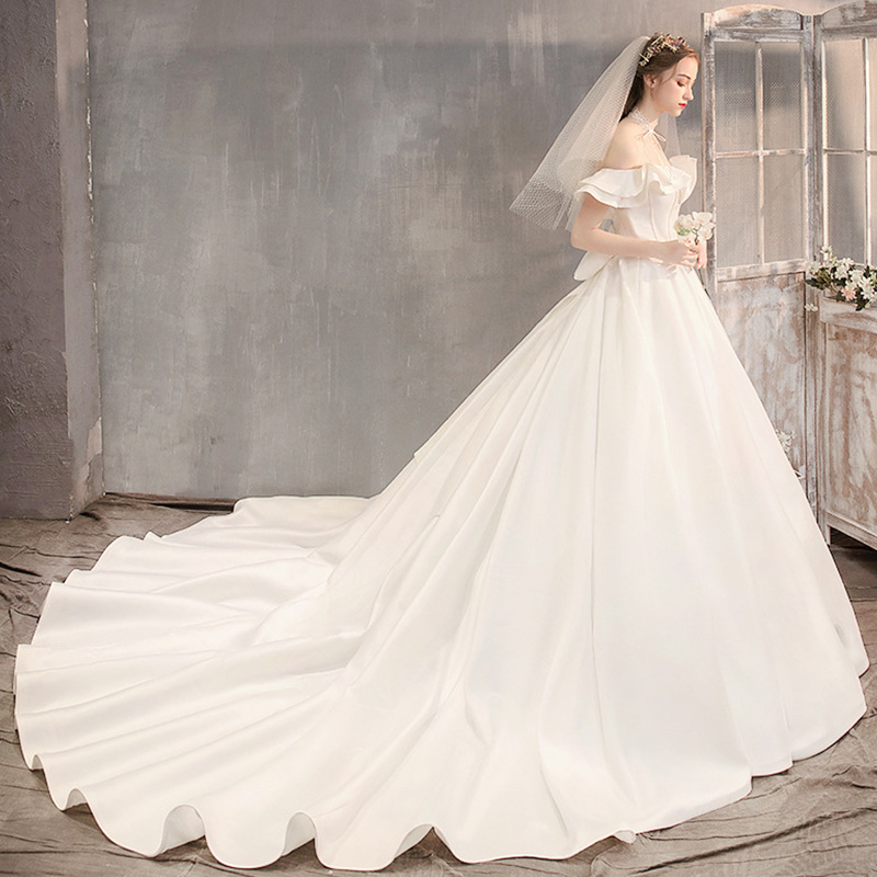 Satin wedding dress 2025 new one-shoulder small Hepburn full-length…