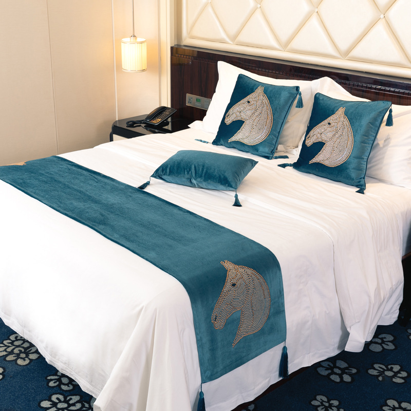 New European-style luxury high-end precision velvet hot drilling horse head bed flag villa hotel bedroom bed towel