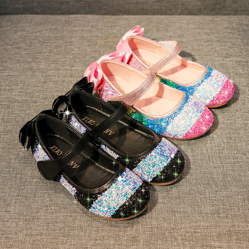 2024 spring new girls soft bottom leather shoes rainbow sequins dress princess shoes flat plus size beanie children's shoes