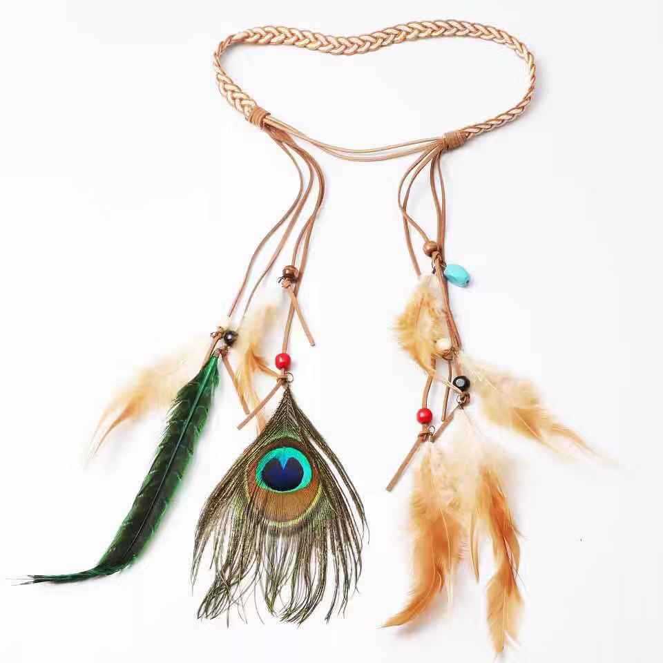 民族风波西米亚孔雀羽毛发带头饰印第安羽毛发带头绳孔雀羽毛头饰
