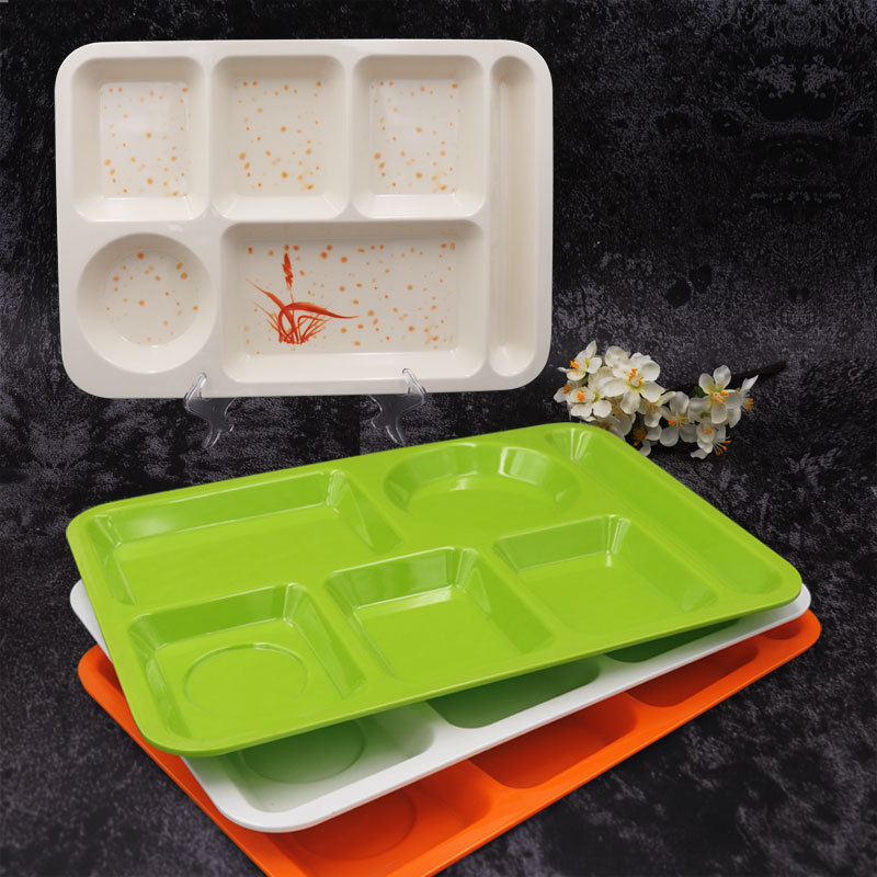 Canteen Fast Food Plate Melamine Tableware Rectangular Six-Compartment Dinner Plate A5 Imitation Porcelain Chinese Dinner Plate Divided Plate Manufacturer Wholesale