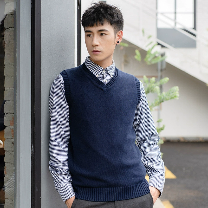 Мужской вязаный шерстяной жилет Свитер без рукавов для мальчиков с V-образным вырезом Пуловер Жилет Повседневный деловой простой однотонный хлопковый свитер