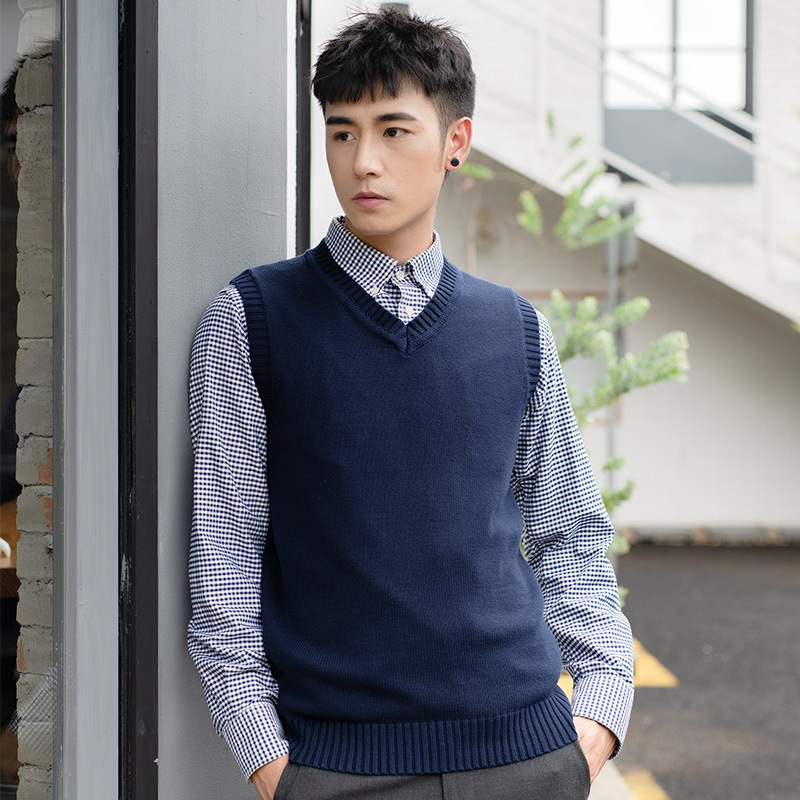 Men's Knitted Woolen Vest Boys Sleeveless Sweater V-Neck Pullover Vest Casual Business Simple Solid Color Cotton Sweater