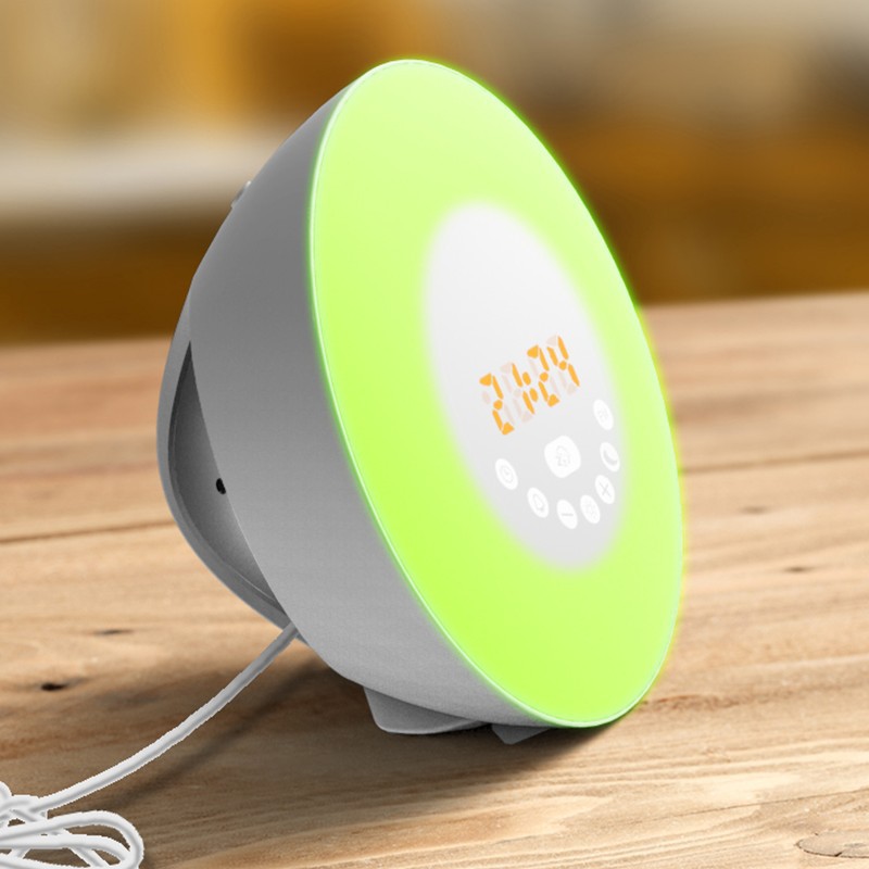 Despertador con simulación de amanecer y atardecer, luz LED de ambiente colorida que cambia, luz nocturna para dormir junto a la cama, radio FM image 4