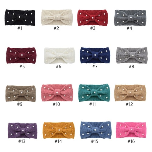 Elegant Knitted Wool Headband with Pearl Flat Bow Hair Accessories, Handmade Face Cover, Ear Protection Hat