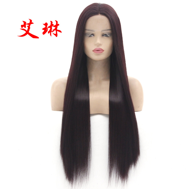 99j front lace whole top wig head cover high temperature silk chemical fiber straight hair 60cm