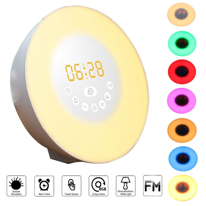 Despertador con simulación de amanecer y atardecer, luz LED de ambiente colorida que cambia, luz nocturna para dormir junto a la cama, radio FM image 6