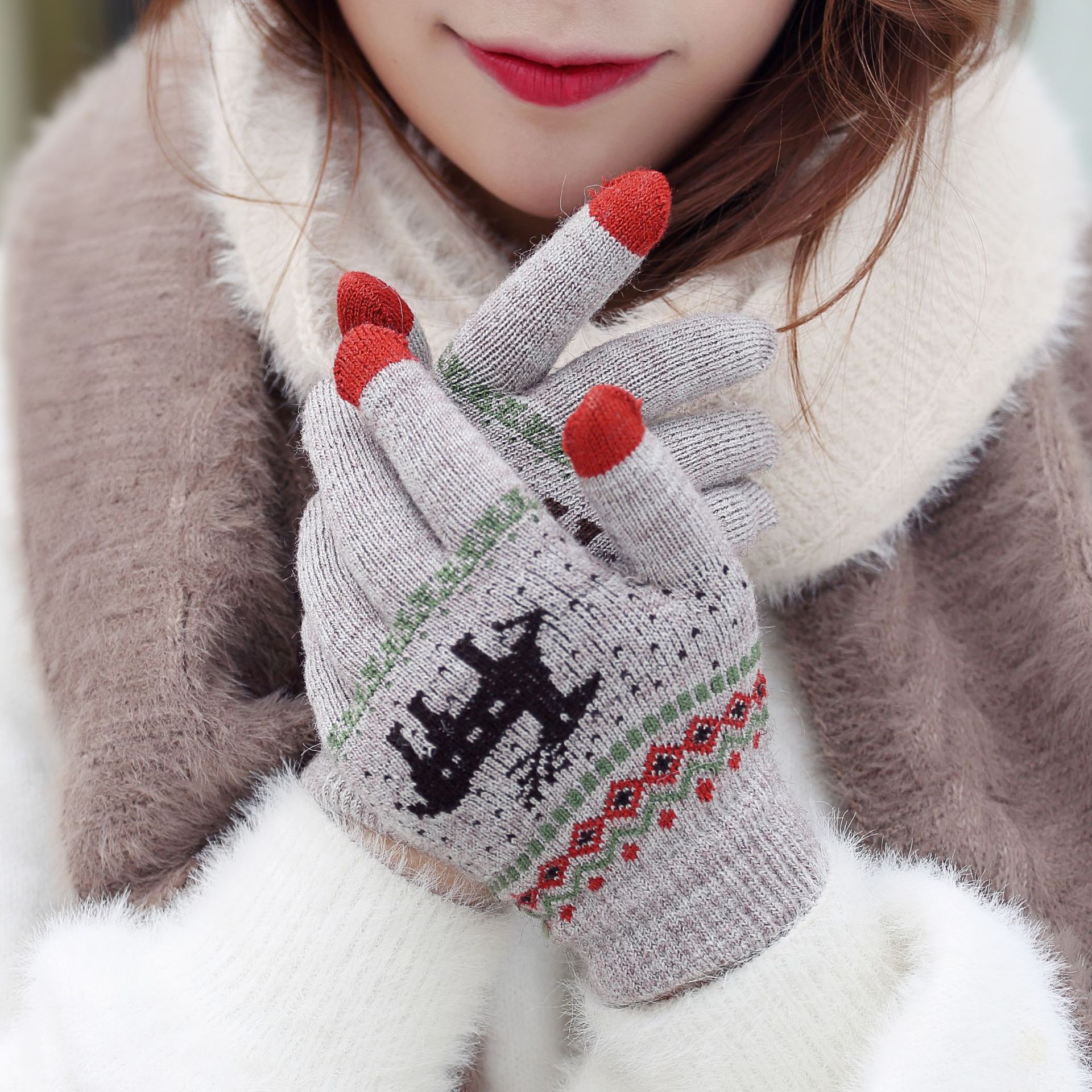 Fino 10 Tejido de punto de suministro directo de fábrica de doble capa guantes de pantalla táctil de jacquard ciervo guantes de invierno cálido cepillado