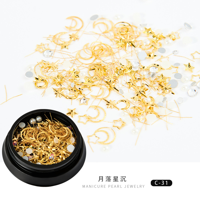 Comercio exterior nueva manicura estrella Luna joyería mixta Caja Popular cobre ronda remache lentejuelas uñas diamante decoraciones belleza