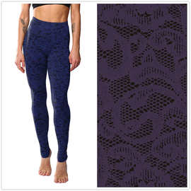 8222 欧美蓝色丝绒花印花打底裤九分裤批发printing leggings
