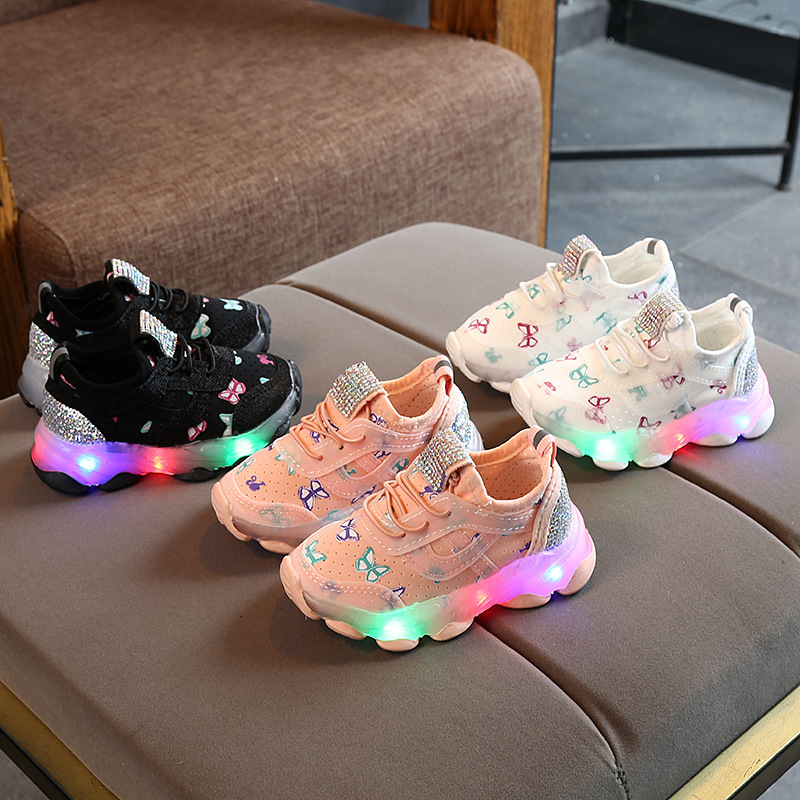 Children's Luminous Shoes 2025 Korean Version New Sports Shoes Elastic Fabric Rubber Sequin Led Luminous Sneakers Trendy