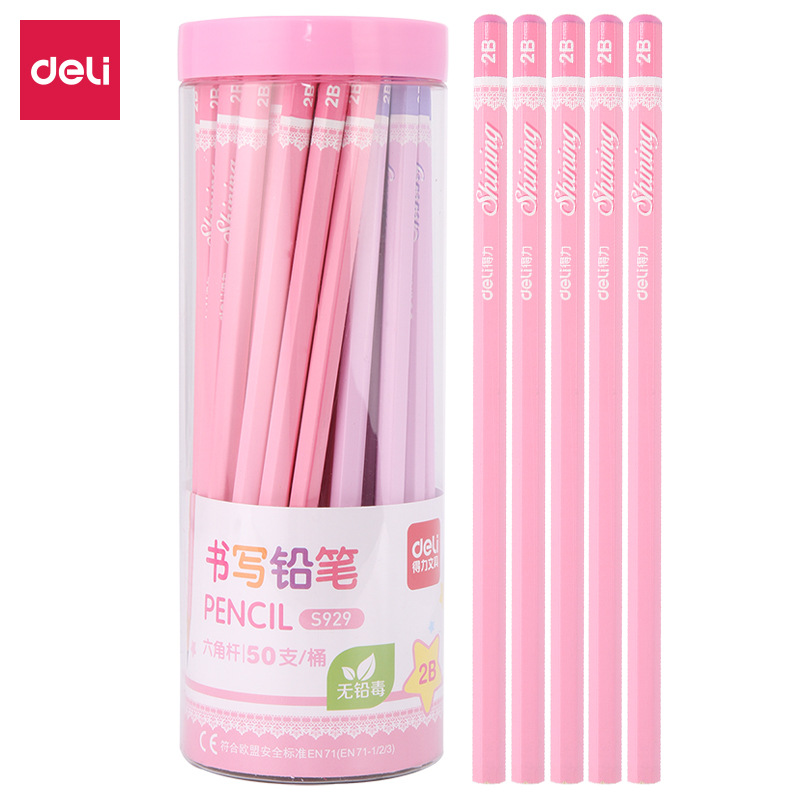 Deli S929 lápiz 2B lápiz hexagonal dibujo para estudiantes 50 lápiz de dibujos animados cubo útiles escolares