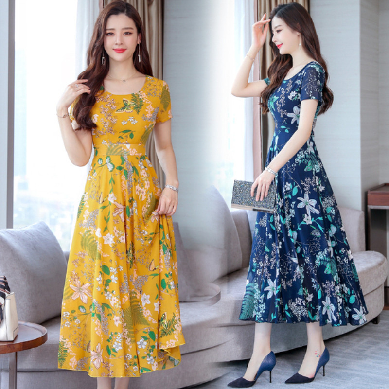 01 Cross-border Summer Short-sleeved dress European and American Women's Short-sleeved Elegant Slimming Floral Crewneck Mid-length Elderly Dress