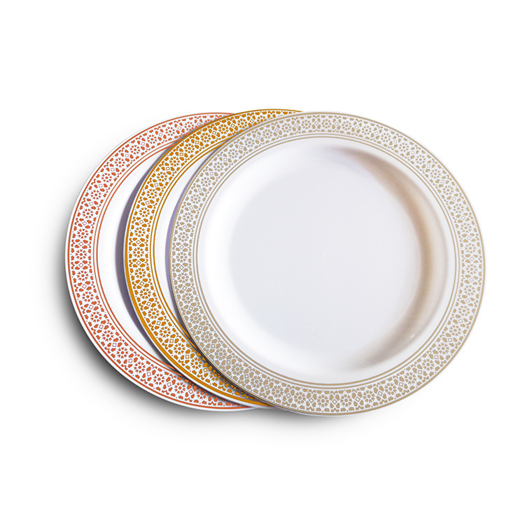 White Gold-Edged Disposable Hard Plastic Western-Style Dinnerware Set, Christmas Plates, Printable Party Disposable Plates
