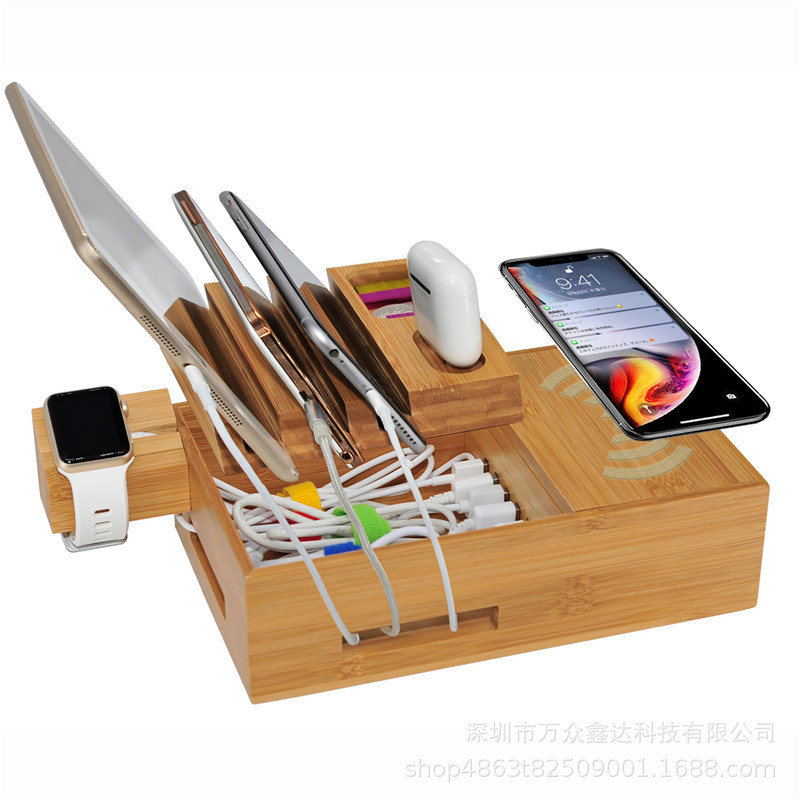 Creative wooden six-in-one Bluetooth wireless charging headset mobile phone holder multi-port USB Desktop Storage box holder Creative wooden six-in-one Bluetooth wireless charging headset mobile phone holder multi-port USB Desktop Storage box holder