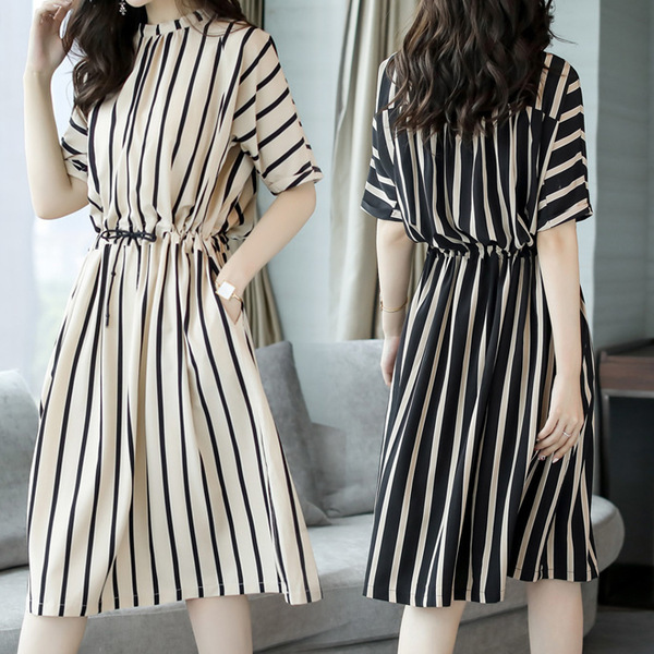 New Plus-Size Dress for Women, Spring and Summer Fashion, Stylish Korean Style Mid-Length Waist-Cinching Striped Dress New Plus-Size Dress for Women, Spring and Summer Fashion, Stylish Korean Style Mid-Length Waist-Cinching Striped Dress