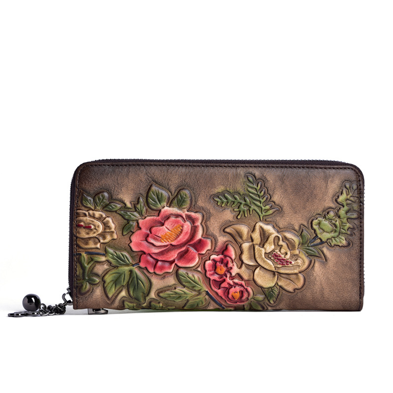 Cartera de mujer de cuero curtido vegetal, bolso largo con cremallera, bolso para teléfono de piel de vacuno de primera capa, diseño vintage de alta gama con relieve.