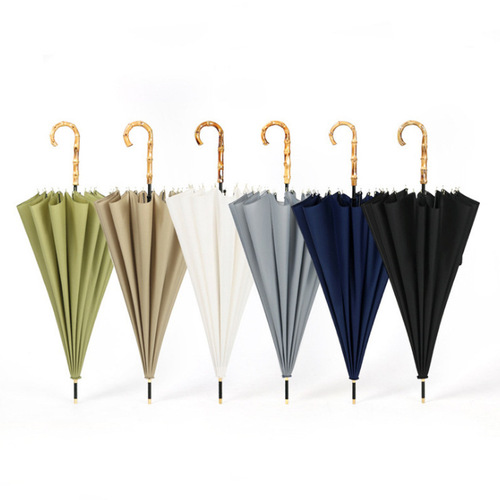 16 rib solid color straight umbrella small fresh long handle umbrella curved hook solid wood umbrella increased wind resistance double male and female sunny umbrella