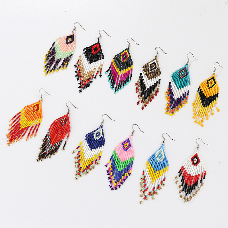 Cross-Border European and American Colorful Rice Bead Earrings Niche Ethnic Style Handmade Jewelry Personalized Bohemian Tassel Earrings