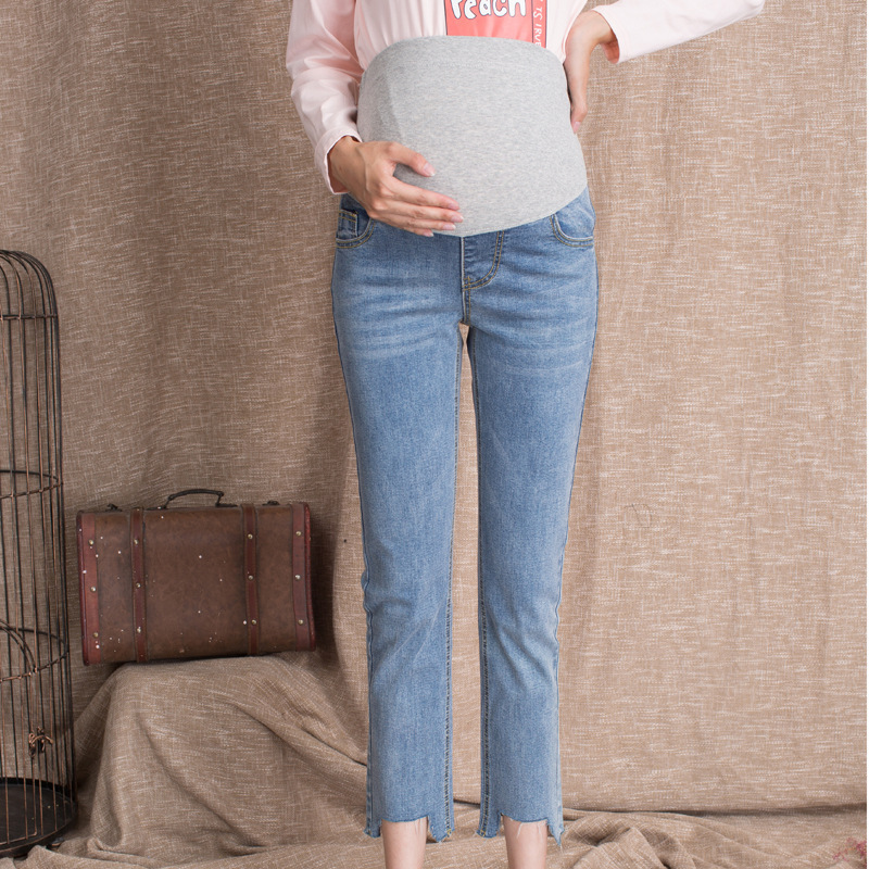 Autumn and Winter Maternity Denim Pants, Fashionable Cropped Belly Support Pants, European and American Autumn Style, Factory Custom-Made, High-Waisted for Pregnancy
