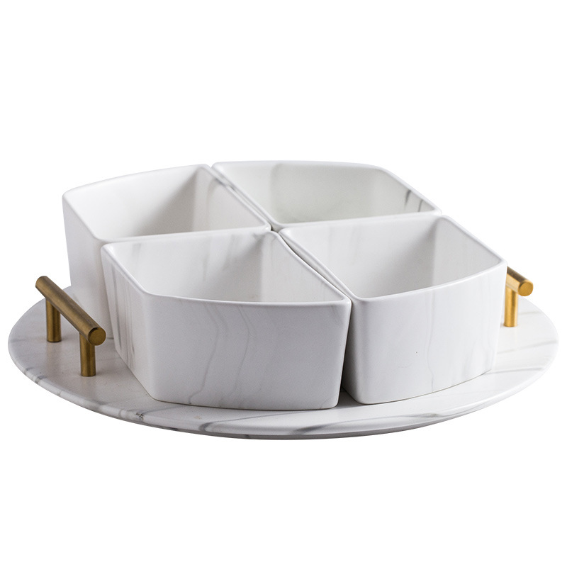 Caja de dulces de mármol de lujo ligero creativo Té de la tarde Cerámica Redonda Gran hotel Snacks Plato de frutos secos