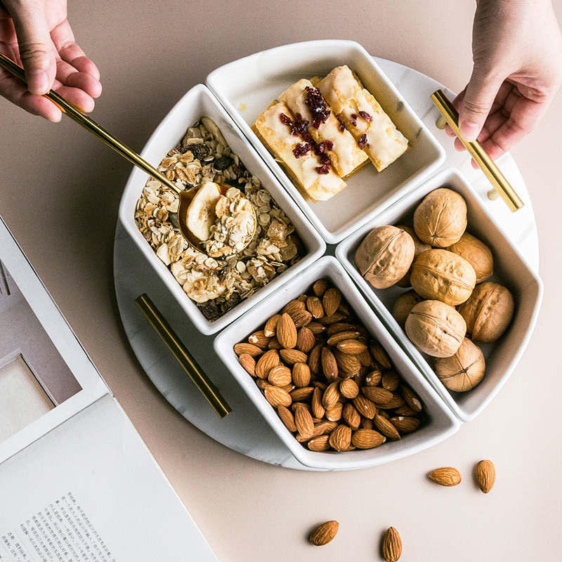 Caja de dulces de mármol de lujo ligero creativo Té de la tarde Cerámica Redonda Gran hotel Snacks Plato de frutos secos