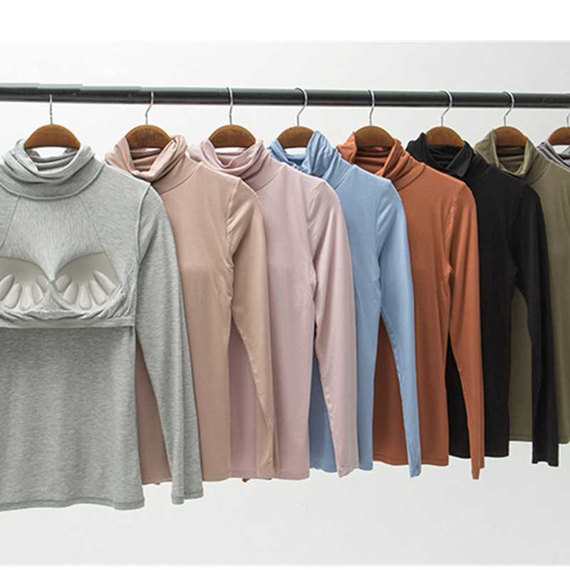 Half-high Collar Long-sleeved T-shirt with Chest Pad Modal Women's Bra-free One-piece Non-rimmed Pajamas Underwear Base