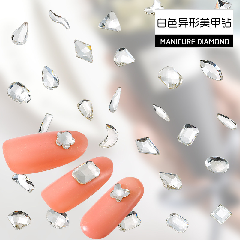 White flat nail drill special-shaped diamond long water drop nail sequins diy nail jewelry rhinestone factory wholesale