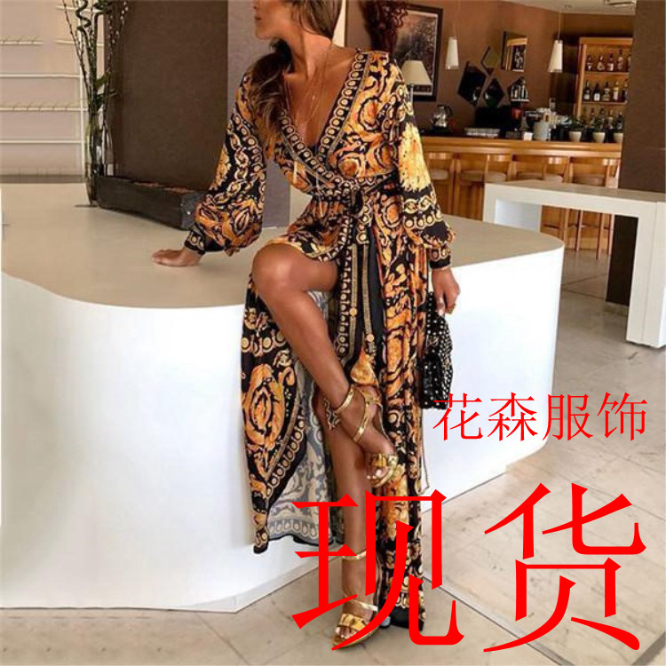 2023现货欧美复古印花连衣裙 V领套头复古风长袖大摆开叉长