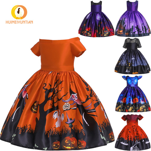 Wholesale 2026 new European and American Halloween Christmas girls 'dress dress forged cloth printed children's jumpsuit princess dress