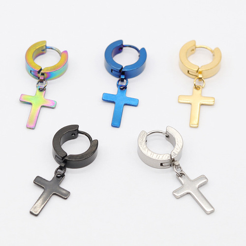Cross-border hip-hop pendant titanium steel earrings multi-color polished earrings trendy cross pendant circle earrings wholesale
