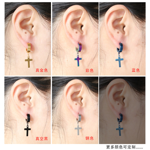 Cross-border hip-hop pendant titanium steel earrings multi-color polished earrings trendy cross pendant circle earrings wholesale