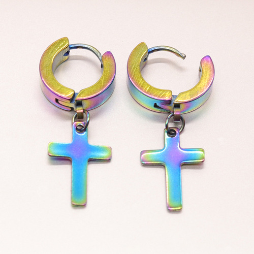 Cross-border hip-hop pendant titanium steel earrings multi-color polished earrings trendy cross pendant circle earrings wholesale