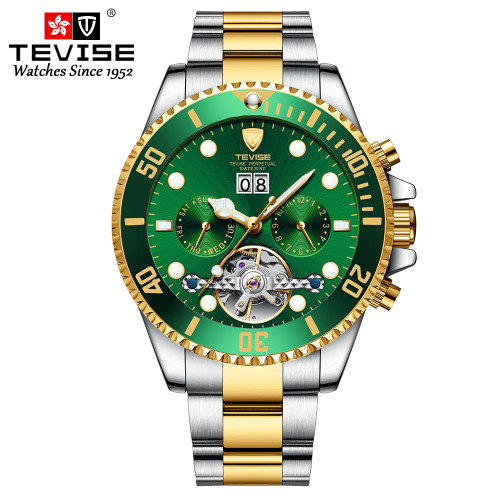 TEVISE Swiss Men's Watch Green Ghost Calendar Mechanical Watch High-end Simple Cross-border Waterproof Wristwatch
